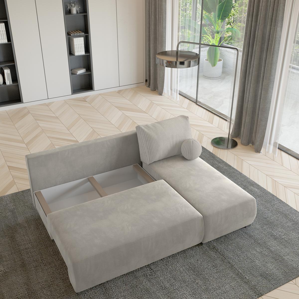 ECKSOFA PARVELO Creme Plüsch-Stoff mit Schlaffunktion - Creme, Holz (200/143cm) - MASSENO