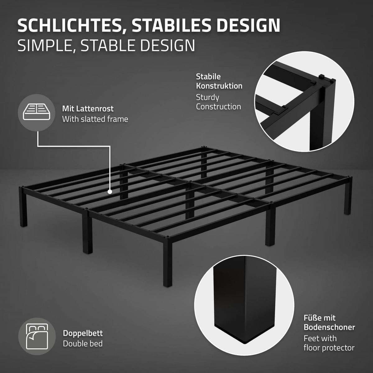 METALLBETT 160x200 cm mit Lattenrost Schwarz auf Stahlrahmen - Schwarz, Metall (160/200cm) - ML-DESIGN