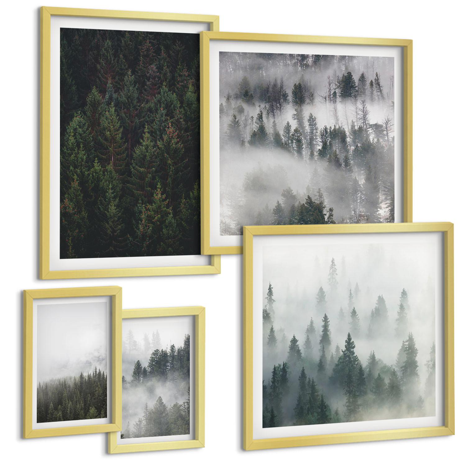 BILDER SET 5er Set - 50x50 cm & 20x30 cm & 40x60 cm Goldrahmen - Grüne Wälder, neblige Landschaft - Goldfarben, Kunststoff (40/60cm) - TULUP