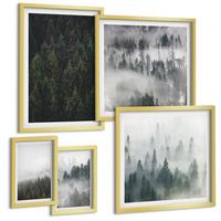 BILDER SET 5er Set - 50x50 cm & 20x30 cm & 40x60 cm Goldrahmen - Grüne Wälder, neblige Landschaft - Goldfarben, Kunststoff (40/60cm) - TULUP