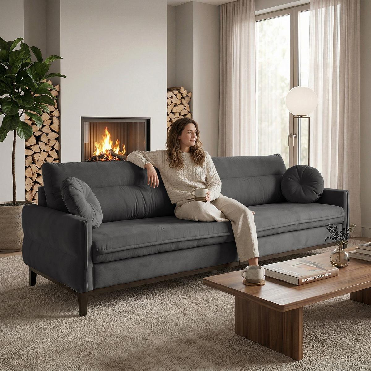 SOFA 3-SITZER Belweder Velours grau - Wengefarben/Grau, Holz/Textil (268/95/94cm) - Beautysofa