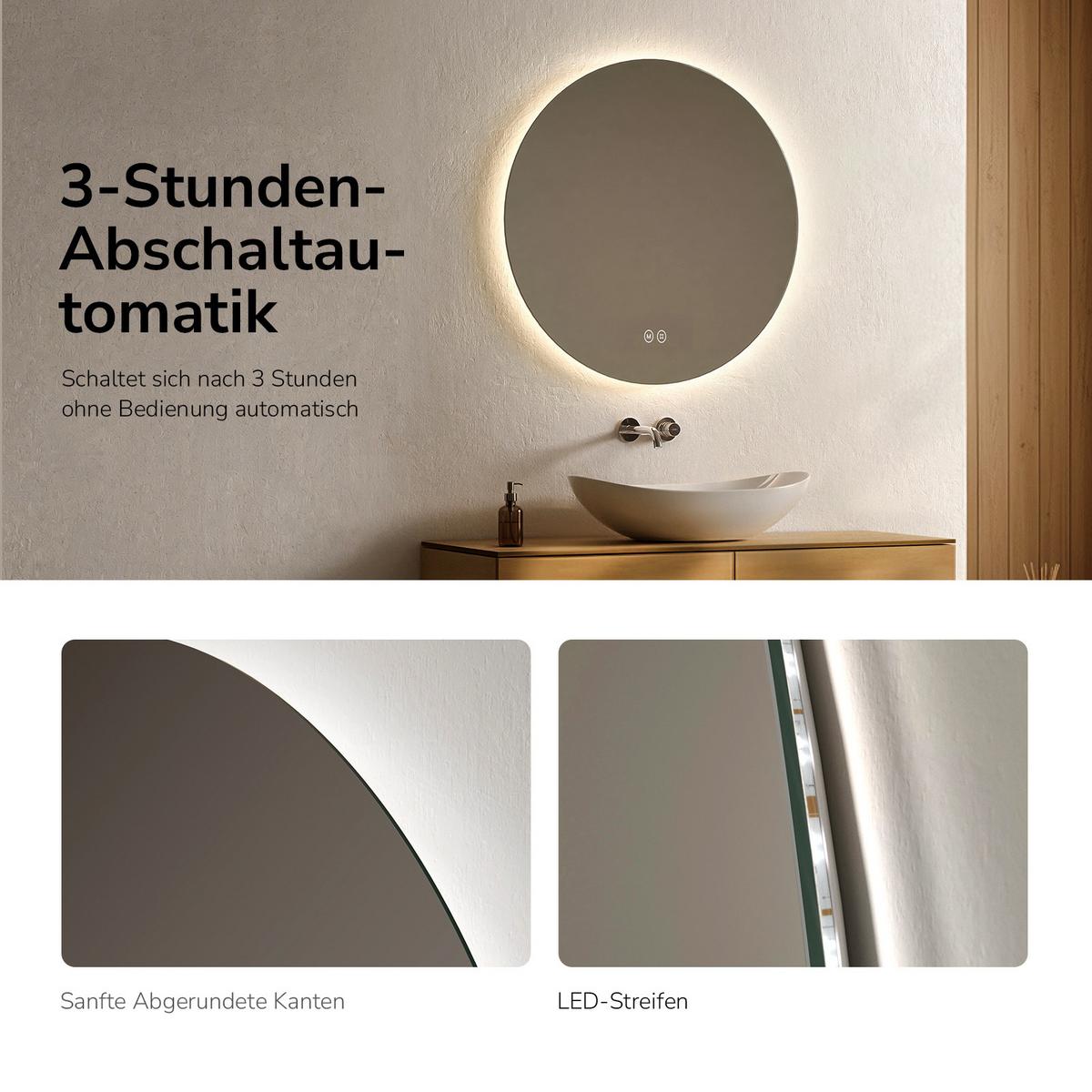 BADSPIEGEL Rund mit Beleuchtung Rahmenlos, 3 Lichtfarben, Ø 80 cm - Transparent, Glas (80/80/3cm) - EMKE
