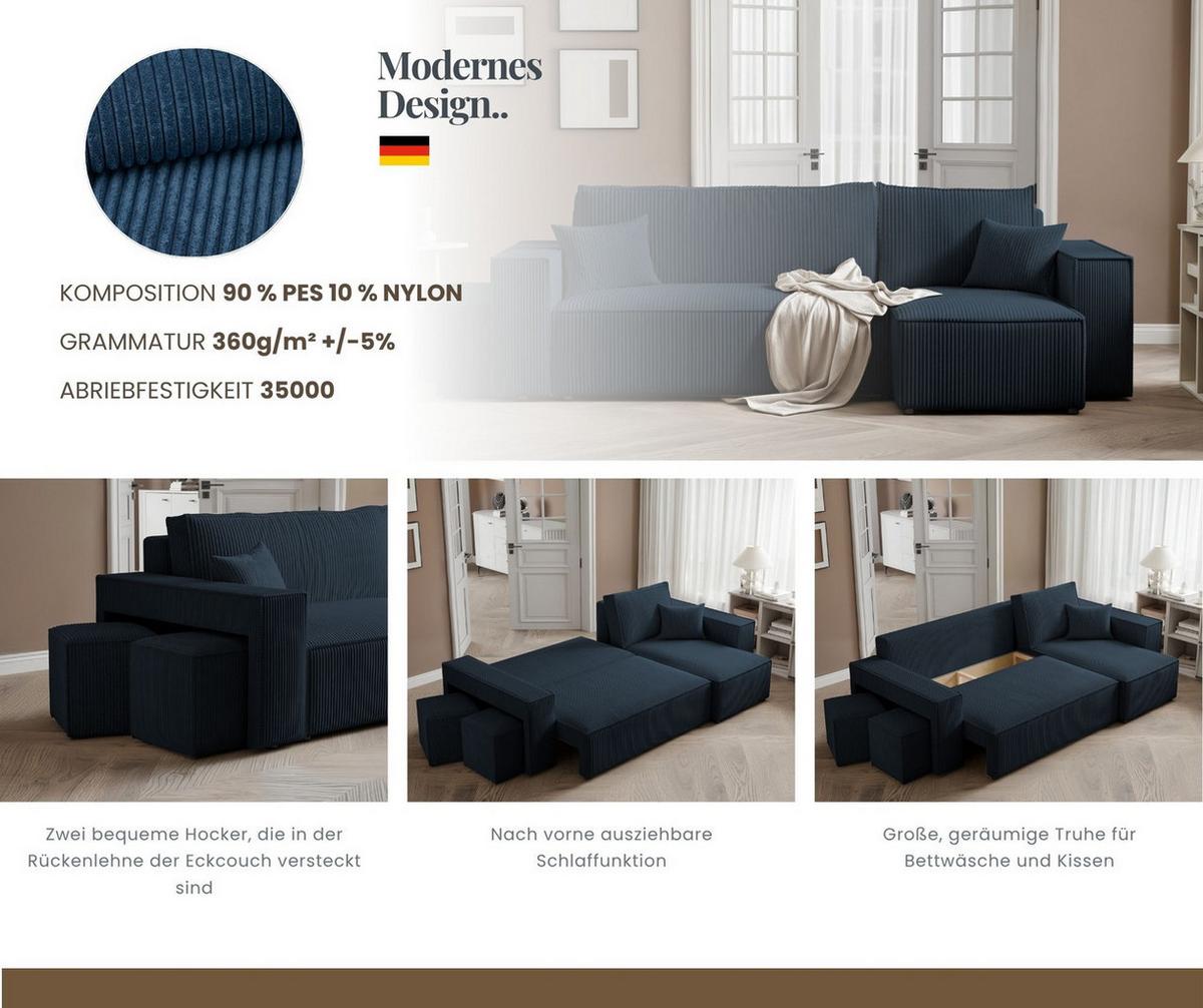 ECKSOFA PARIS mit Schlaffunktion und Bettkasten Marineblau - Dunkelblau, Kunststoff/Textil (262/145cm) - Idohome