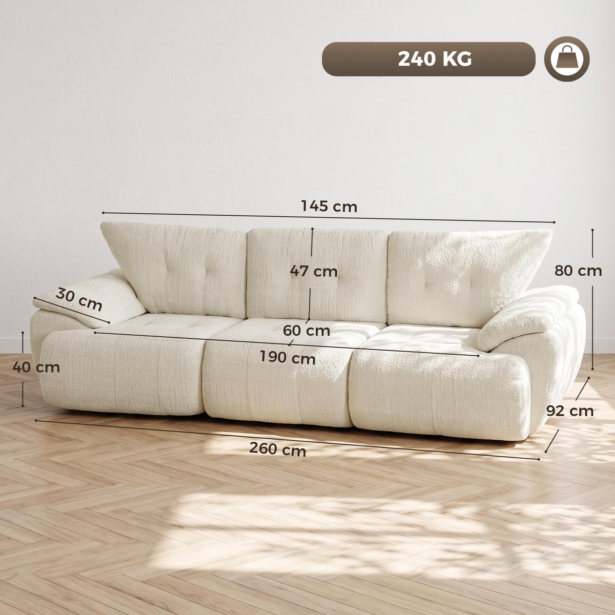 3-SITZER-SOFA Chenille 100 Polyester hochdichter Schaumstoff Cremeweiß - Creme, Textil (92/80/260cm) - HOMCOM