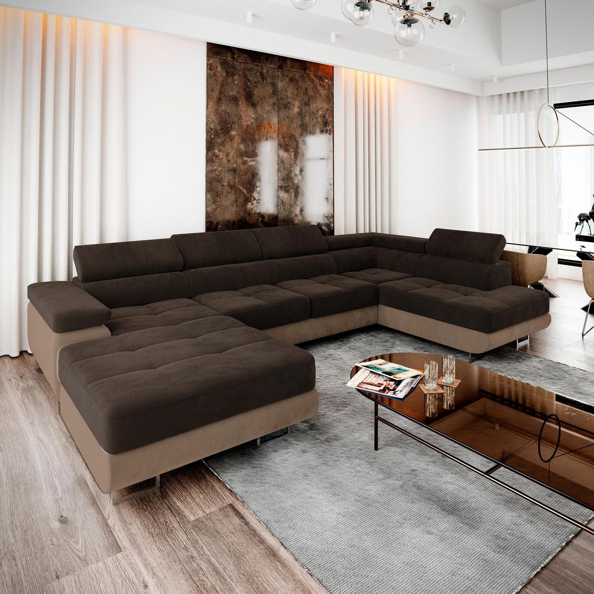 WOHNLANDSCHAFT CASONE R-S Braun Velours-Stoff mit Schlaffunktion - Silberfarben/Braun, Holz/Textil (345/90/202cm) - MASSENO