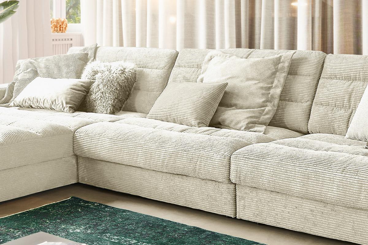 ECKSOFA XL LANA Cremeweiß Cord - Creme/Schwarz, Textil (416/205cm) - KAWOLA
