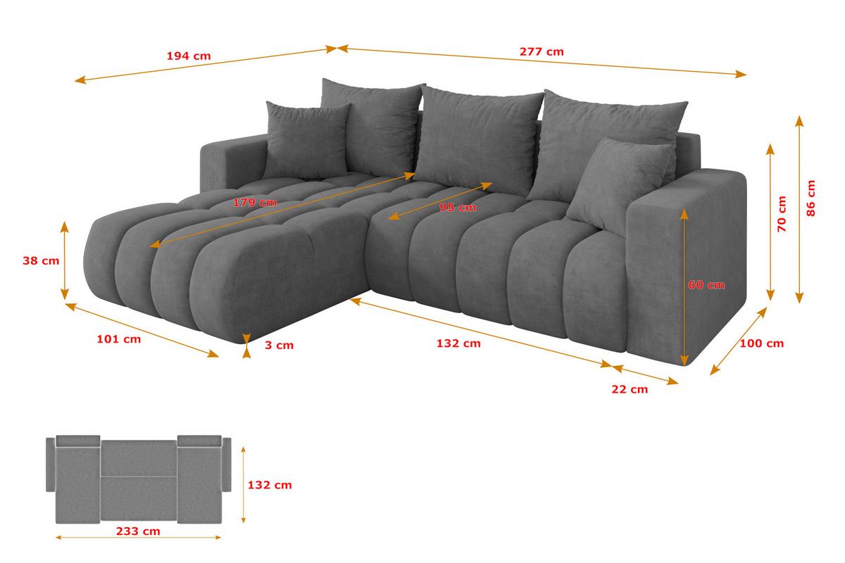 ECKSOFA mit Schlaffunktion Ottomane Links MILA-L-v1 277x195x86 Grau Velours - Taupe/Schwarz, Holzwerkstoff/Kunststoff (277/194cm) - ALTDECOR