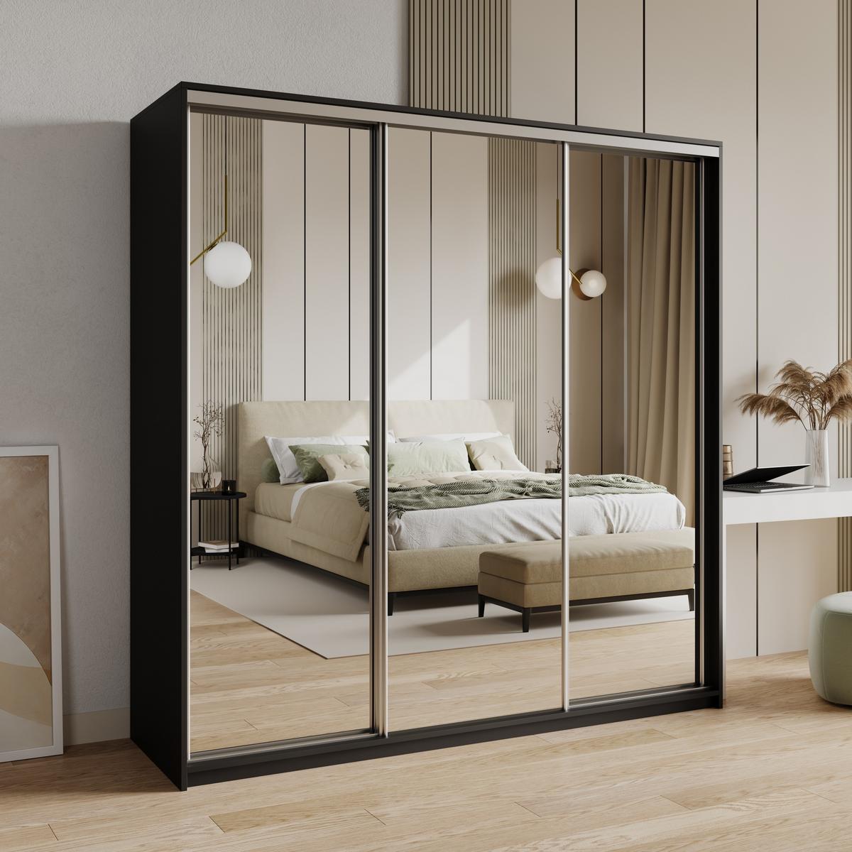 SCHWEBETÜRENSCHRANK RIEN 200/205/60 cm 3-türig mit Spiegel Schwarz - Schwarz, Holzwerkstoff (200/205/60cm) - MASSENO