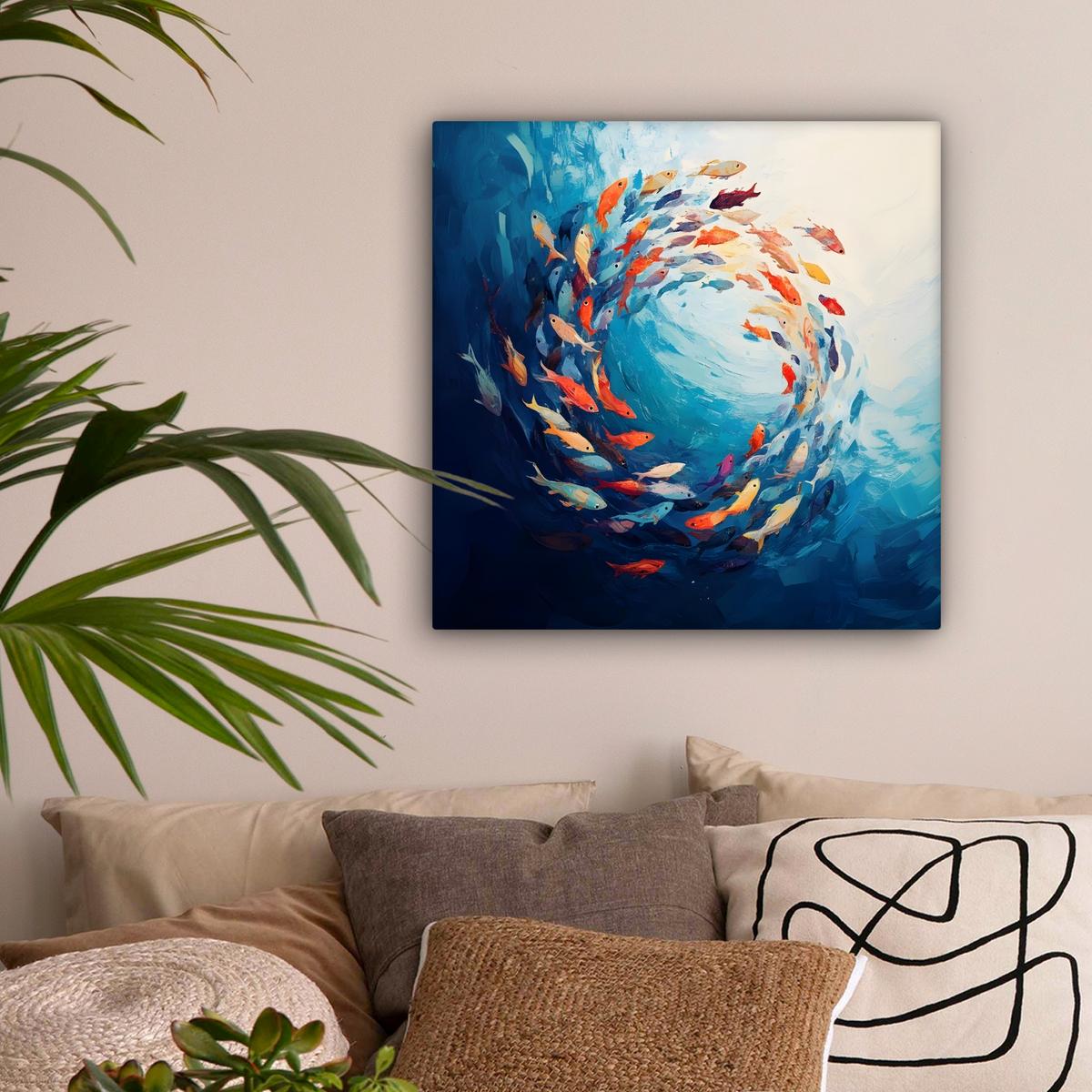 LEINWANDBILD Meer - Fische - Bunt - Dynamisch Wandbild Wohnzimmer 50x50 cm - Hellblau, Textil (50/50cm) - MuchoWow