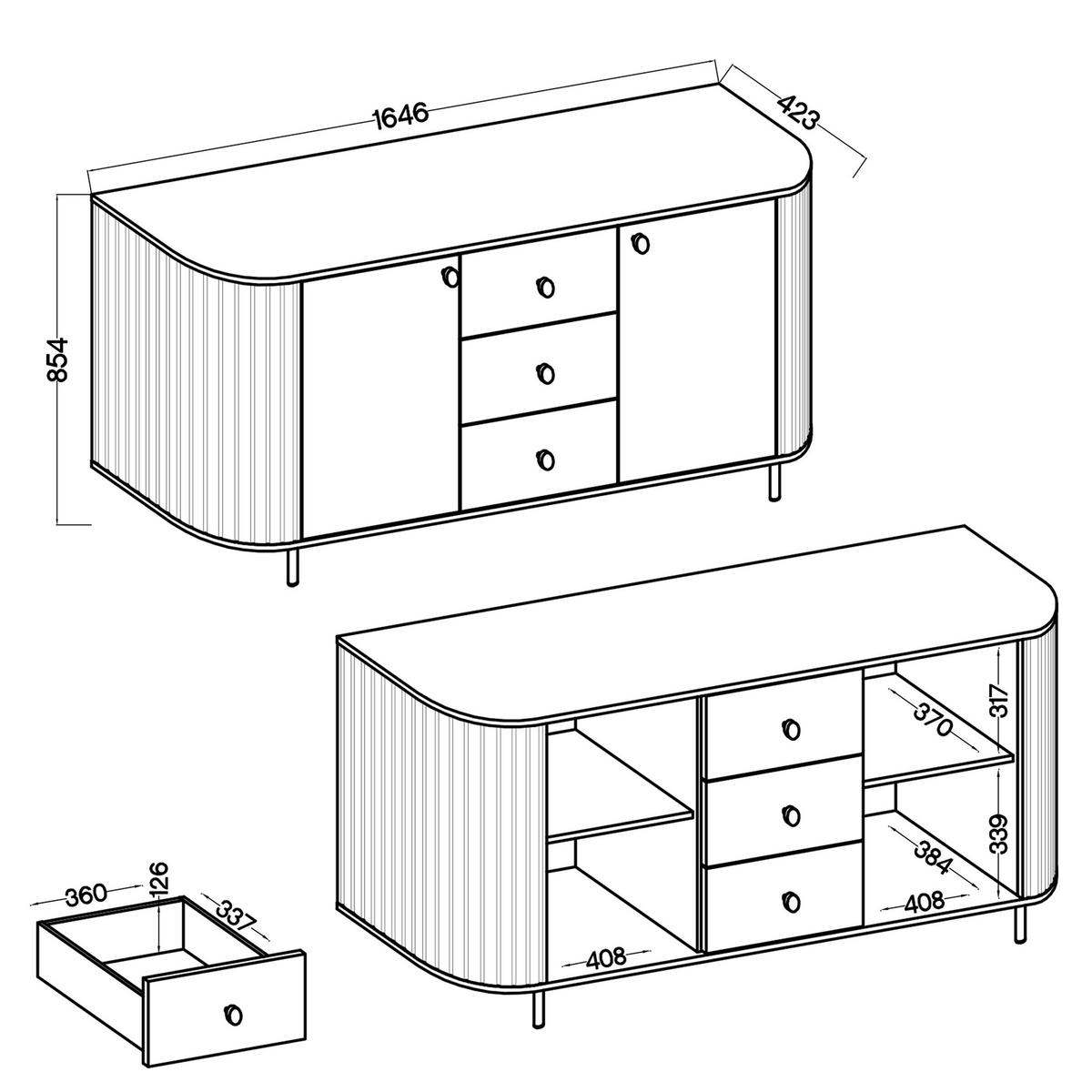 SIDEBOARD Halay Eiche Cremona 2 Türen & 3 Schubladen Moderne Rillenstruktur 164,6 cm - Eichefarben/Schwarz, Holzwerkstoff/Metall (164.6/85.4/42.3cm) - AX Living