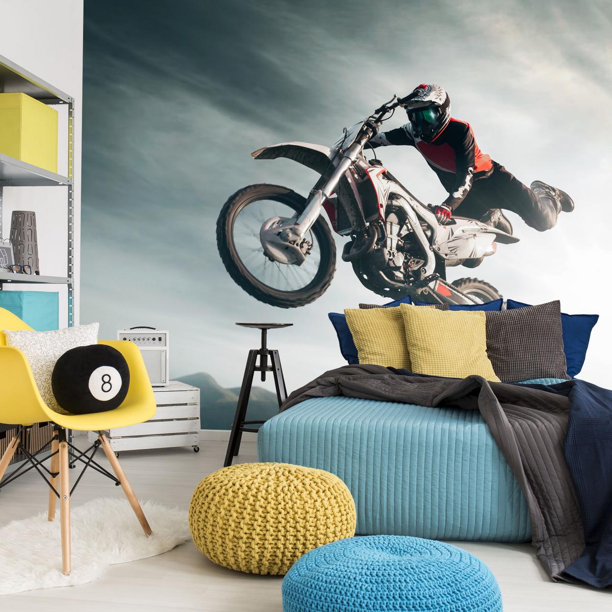 FOTOTAPETE für Jugendzimmer Motocross Sprung Mann Sport Berge Action 500x350 - Grau, Papier (500/350cm) - Muralo