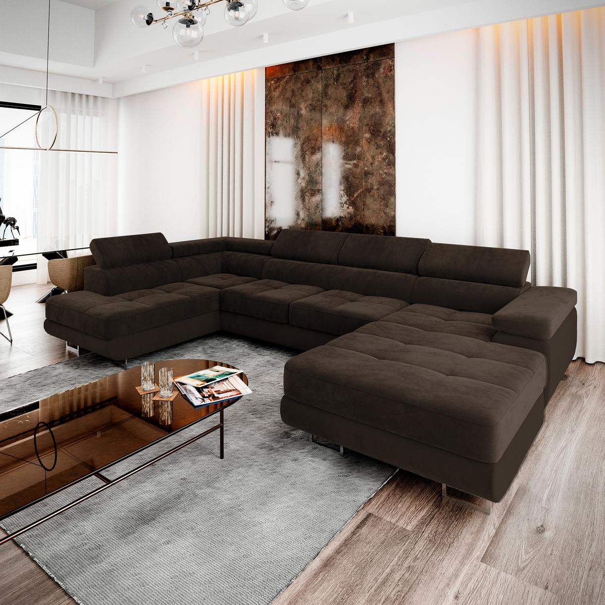 WOHNLANDSCHAFT CASONE L-S Braun Velours-Stoff mit Schlaffunktion - Silberfarben/Braun, Holz/Textil (345/90/202cm) - MASSENO