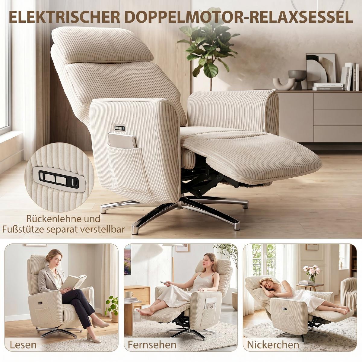 RELAXSESSEL Polyester Cremeweiß - Silberfarben/Creme, Textil/Metall (76/114/87cm) - HOMCOM