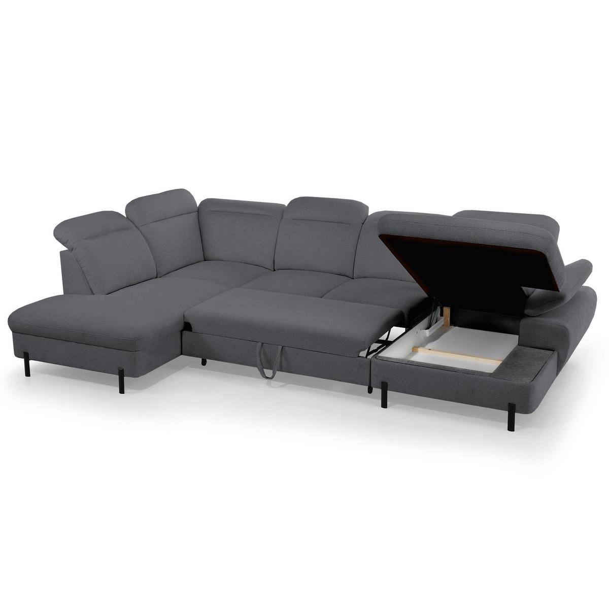 WOHNLANDSCHAFT Sora U mit Schlaffunktion und verstellbarer Sitztiefe, Kopfstützen und Armlehne, 365 cm, Anthrazit, Rechts - Anthrazit/Schwarz, Textil (365/107/235cm) - Beautysofa