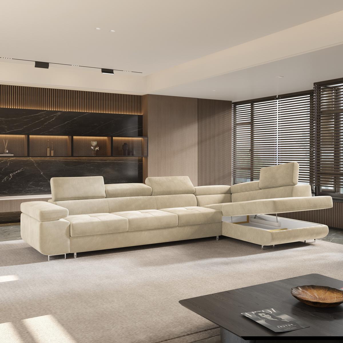 ECKSOFA VICENTE Creme Velours-Stoff mit Schlaffunktion - Creme, Holz (346/202cm) - MASSENO