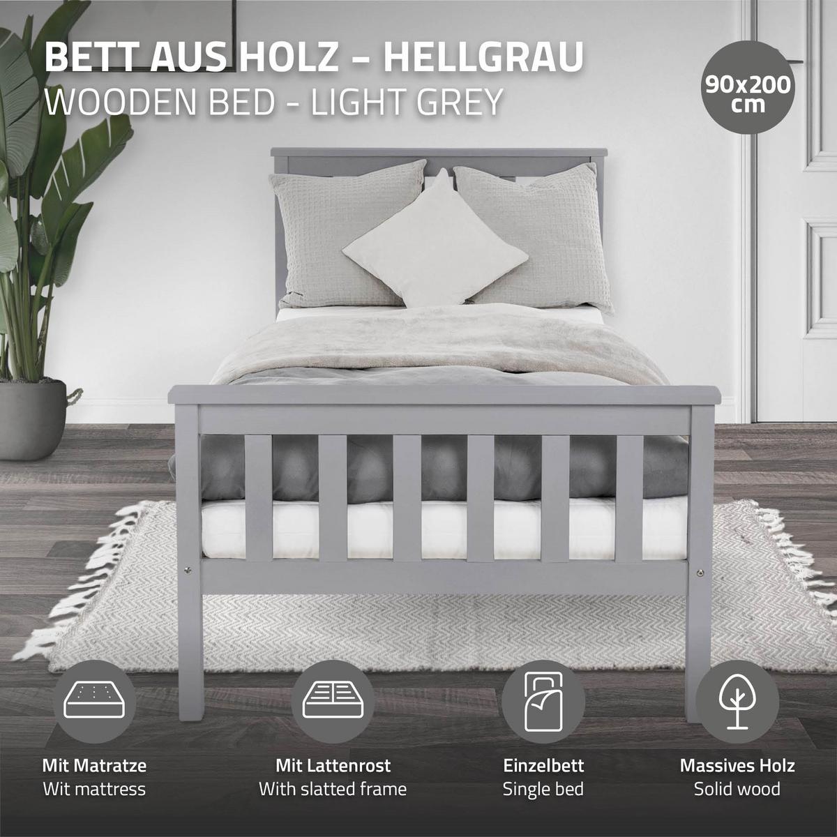 HOLZBETT 90x200 cm Hellgrau Kiefernholz mit Lattenrost und Matratze H10cm - Hellgrau, Holz (90/200cm) - ML-DESIGN