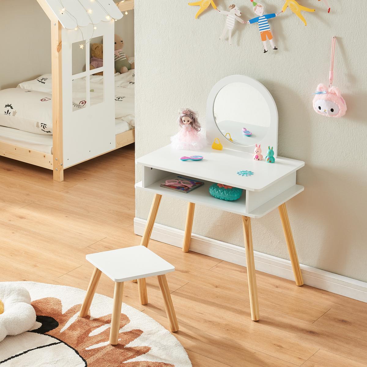 KINDERSCHMINKTISCH-SET 2 TLG. Ovanåker - Weiß/Naturfarben, Holz/Holzwerkstoff (62/91.5/43.5cm) - [en.casa]