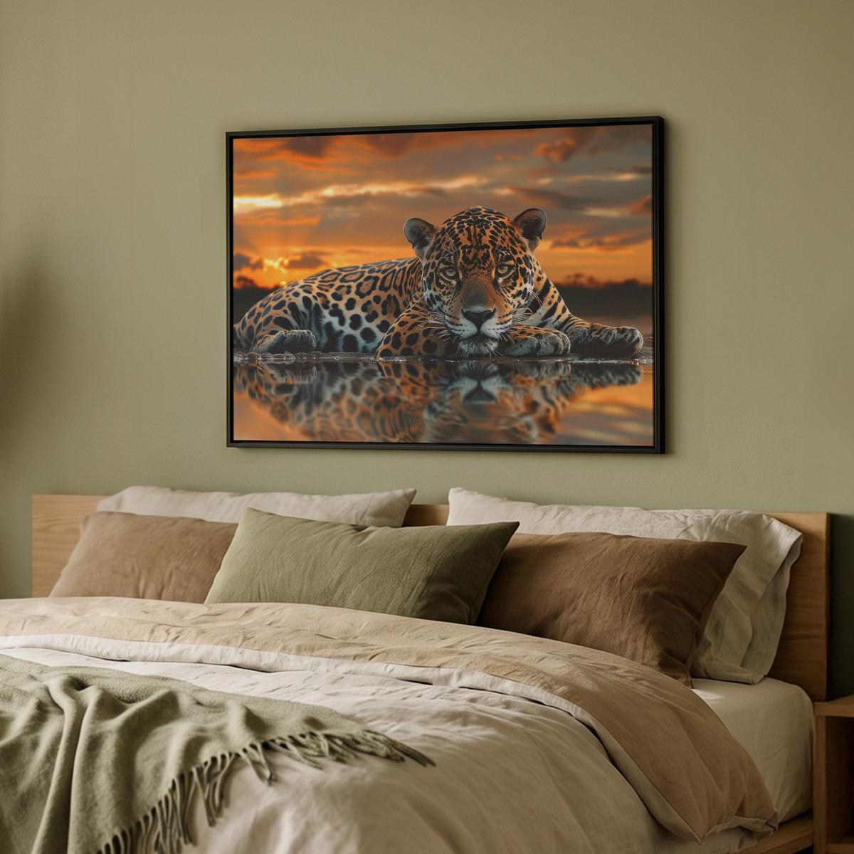 LEINWAND Bilder mit Rahmen - Natur - Leopard - Tier - Sonnenuntergang - Modern - 70x50 - Orange, Textil (70/50cm) - MuchoWow