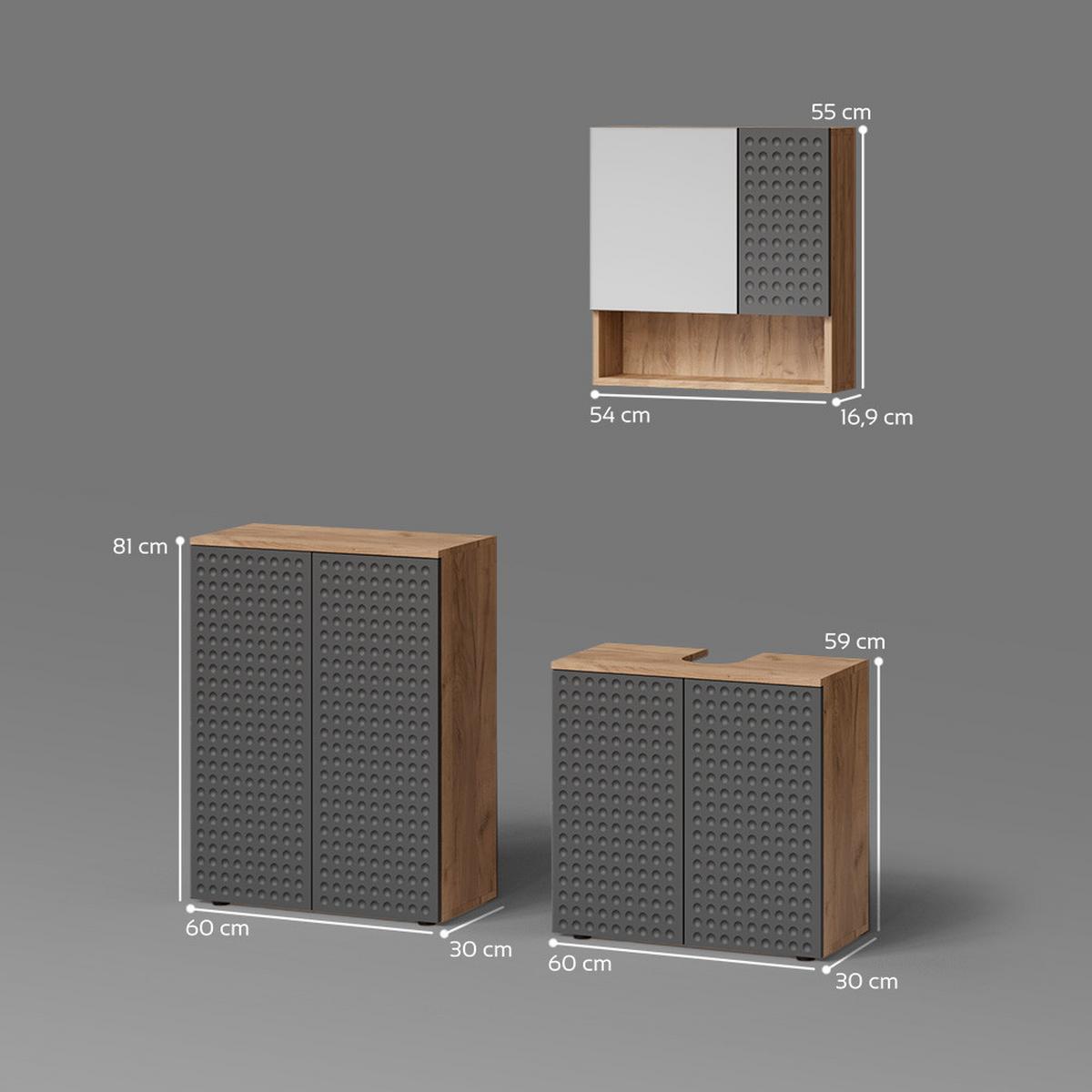 BADMÖBEL-SET Ronco Anthrazit gepunktet 3 Teile, mit Unterschrank 60 cm - Anthrazit, Holzwerkstoff (80/58.6/41cm) - Livinity®