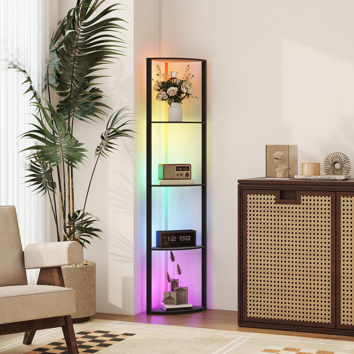 LED Stehlampe 5-stufige dimmbar Stehleuchte mit Regal, RGB Farbwechsel - Schwarz, Holzwerkstoff (42/29.5/163cm) - HOMCOM