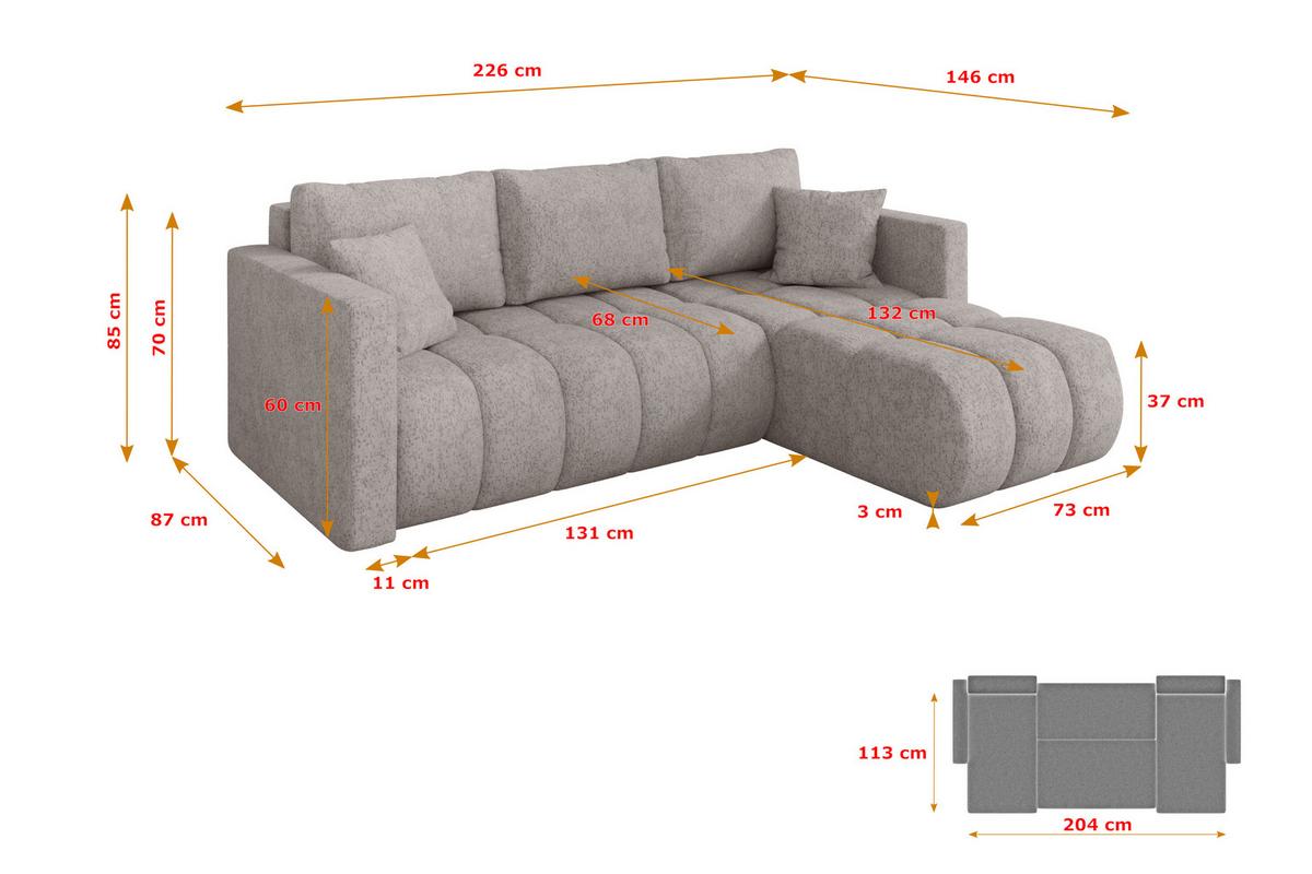 ECKSOFA mit Schlaffunktion Ottomane Rechts GARD-L 226x146x85 Hellgrau Velours - Hellgrau/Schwarz, Holzwerkstoff/Kunststoff (226/146cm) - ALTDECOR