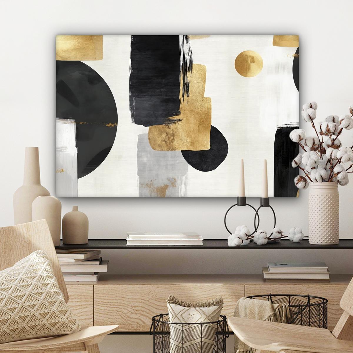 LEINWANDBILD Gold - Rechtecke - Kreise - Abstrakt Wanddeko 90x60 cm - Weiß, Textil (90/60cm) - MuchoWow