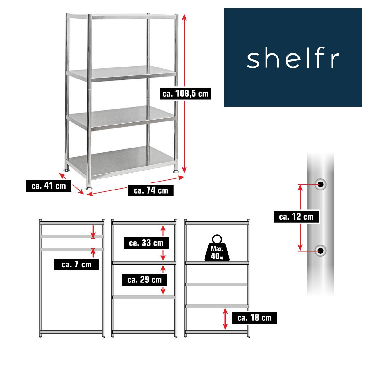 EDELSTAHL-REGAL 74x41x109 bis 160kg inkl. 4 Ebenen - Silberfarben, Metall (41/109/74cm) - shelfr