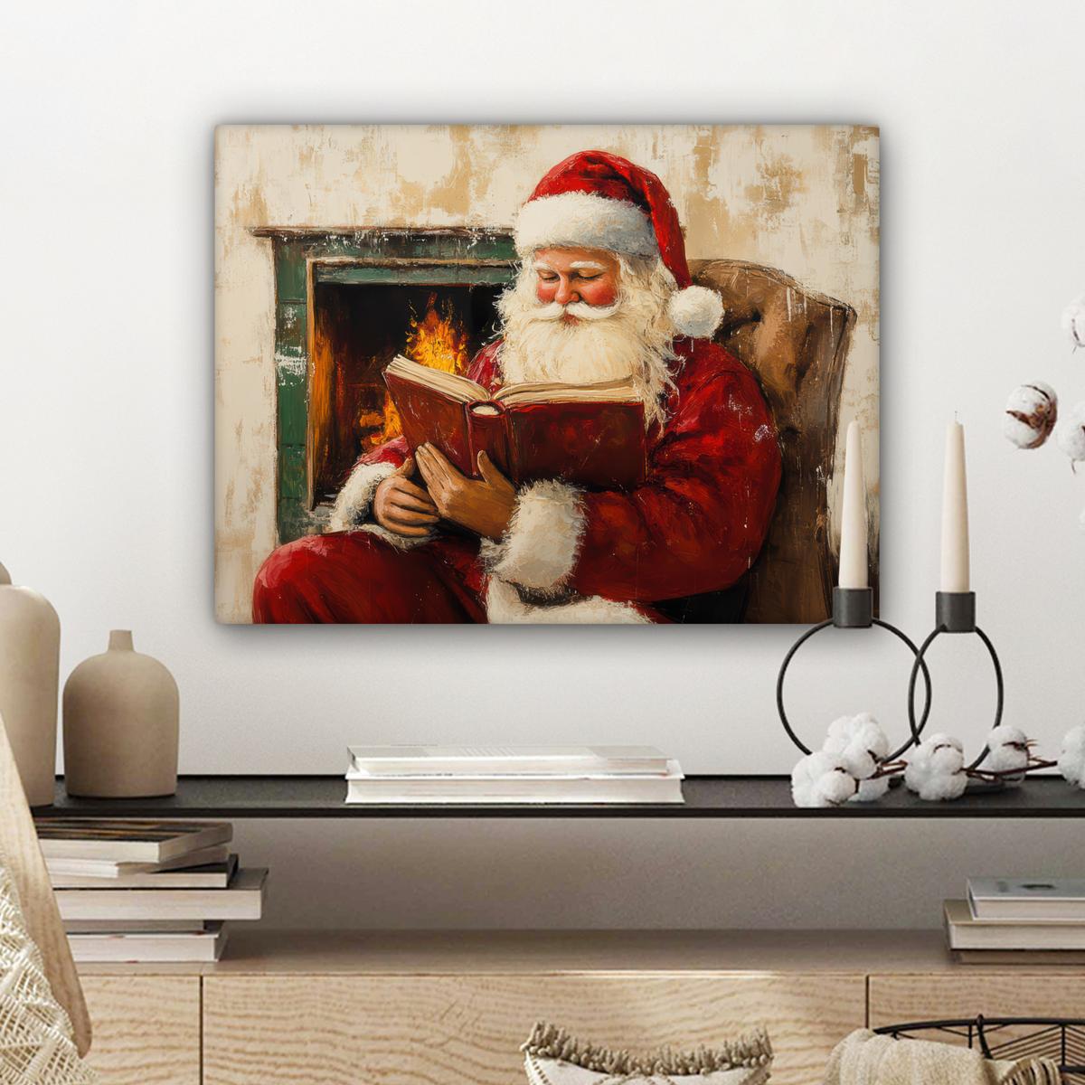 LEINWANDBILD Weihnachten - Weihnachtsmann - Winter - Open Fireside Wandbild 40x30 cm - Dunkelrot, Textil (40/30cm) - MuchoWow