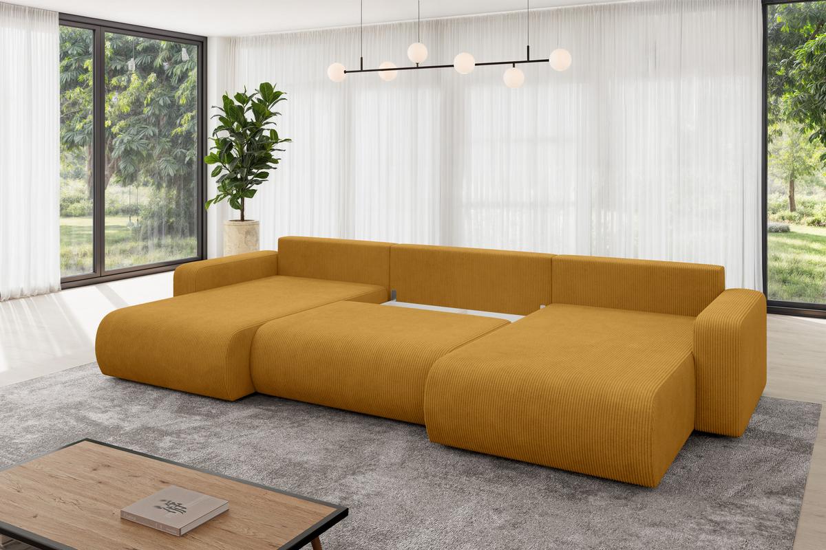 WOHNLANDSCHAFT mit Schlaffunktion und Bettkasten BERY-U 377x193x88 Senfgelb Cord - Dunkelgelb/Schwarz, Holzwerkstoff/Kunststoff (377/88/193cm) - ALTDECOR