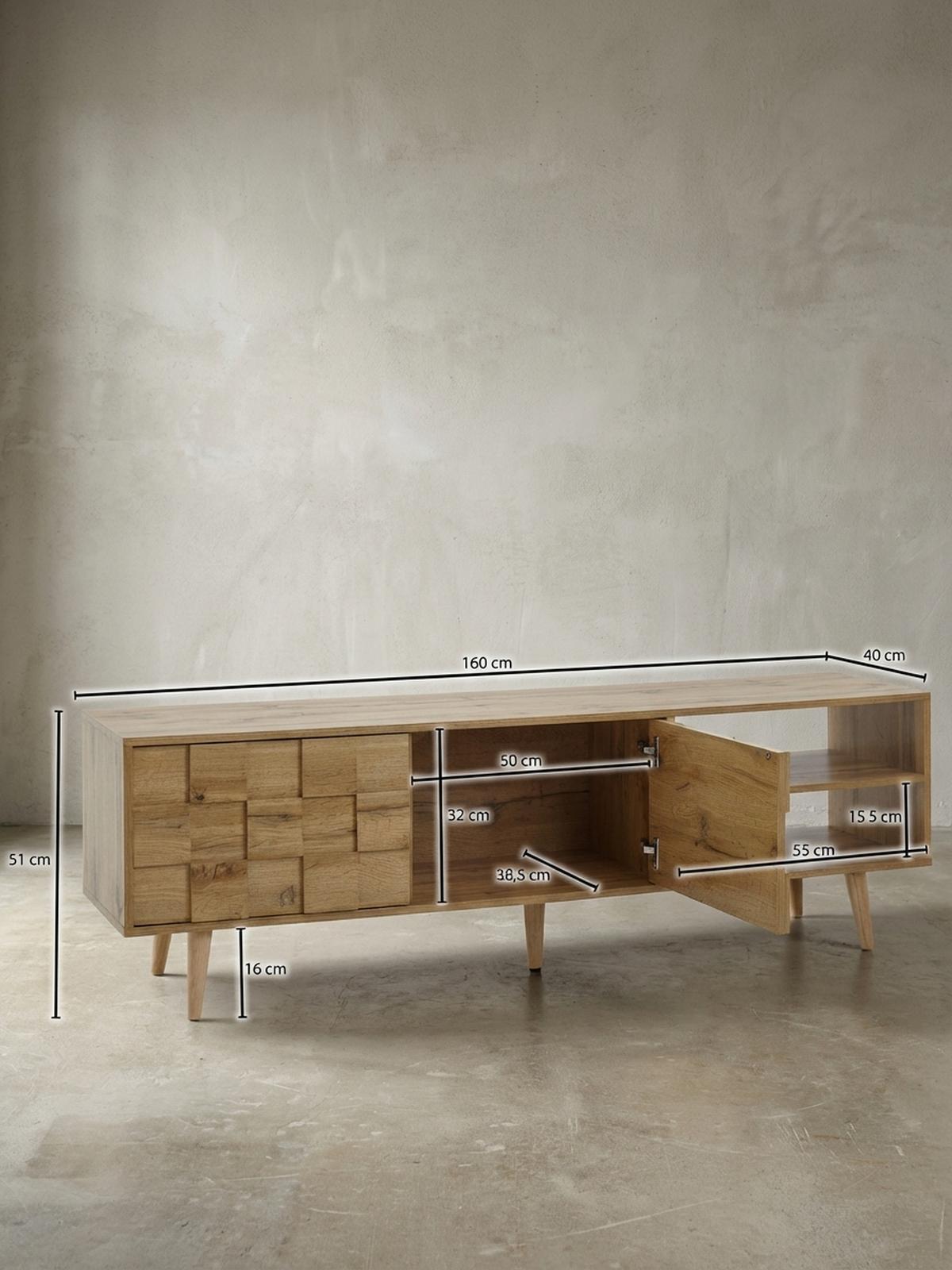 LOWBOARD Eiche-Dekor Modern Stil für 70-Zoll Fernseher - Braun, Eichenholz/Holz (160/51/40cm) - KADIMA DESIGN