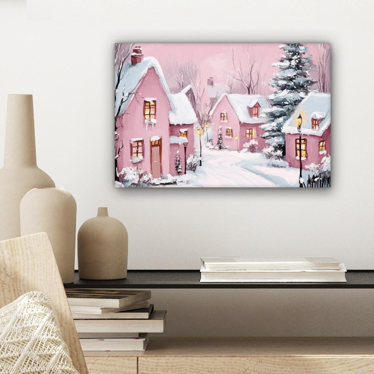 LEINWANDBILD Weihnachtsdorf - Rosa - Winter - Schnee - Häuser Deko Schlafzimmer 30x20 cm - Altrosa, Textil (30/20cm) - MuchoWow
