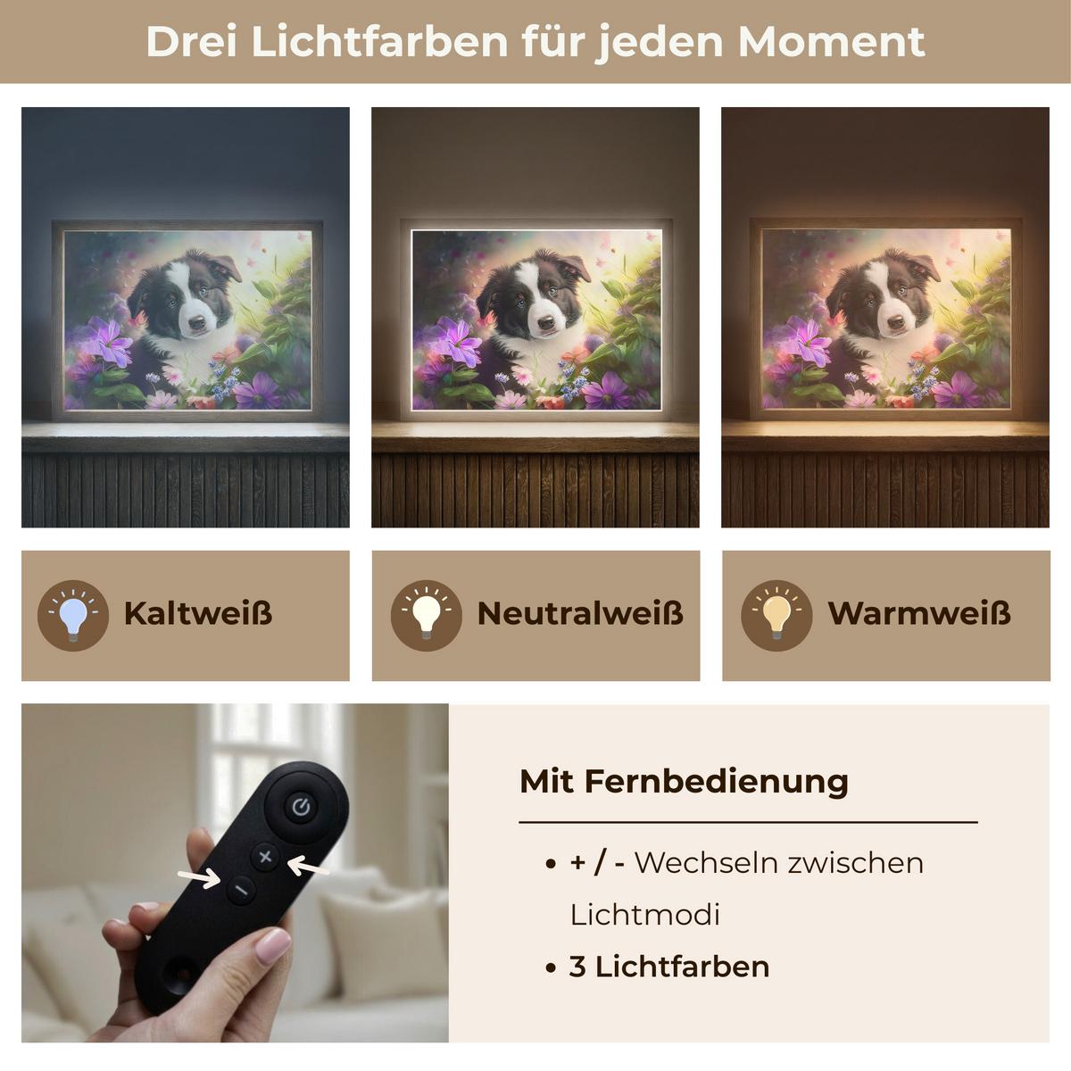 NACHTTISCHLAMPE MIT AKKU Welpe - Sonne - Blumen - Natur - Border Collie - Hund 40x30 cm - Violett, Holzwerkstoff (8/40/30cm) - OnlyWow