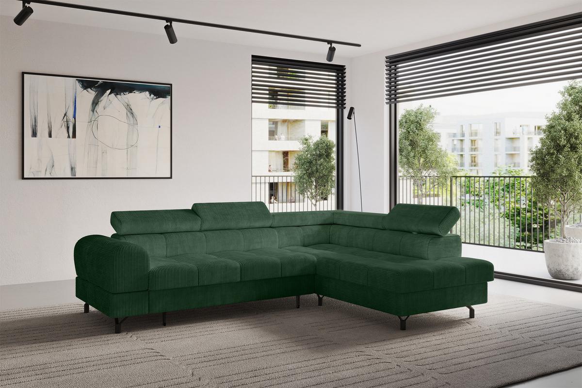 ECKSOFA mit Schlaffunktion Ottomane Rechts LUMA-L 272x203x70 Grün Cord - Schwarz/Grün, Holzwerkstoff/Kunststoff (203/272cm) - ALTDECOR
