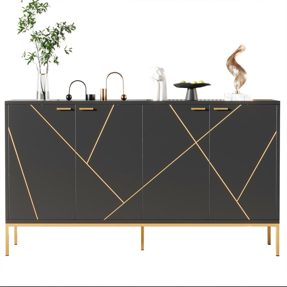 SIDEBOARD mit goldenen geometrischen Mustern - Schwarz, Holzwerkstoff/Metall (40/80/150cm) - Urban Meuble