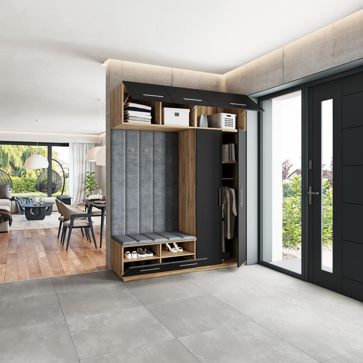 GARDEROBENSCHRANK REMA 180/240/60 cm Modern Garderobe-Set Eiche Wotan - Eiche Wotan/Schwarz, Holzwerkstoff (180/240/60cm) - MASSENO