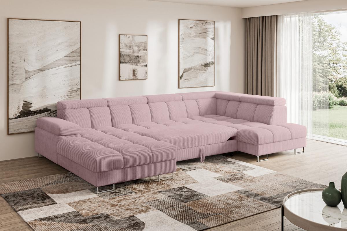 WOHNLANDSCHAFT mit Schlaffunktion und Bettkasten Ottomane RECHTS COMA U 345x203x79 Rosa Cord - Rosa, Holzwerkstoff/Textil (203/79/345cm) - ALTDECOR