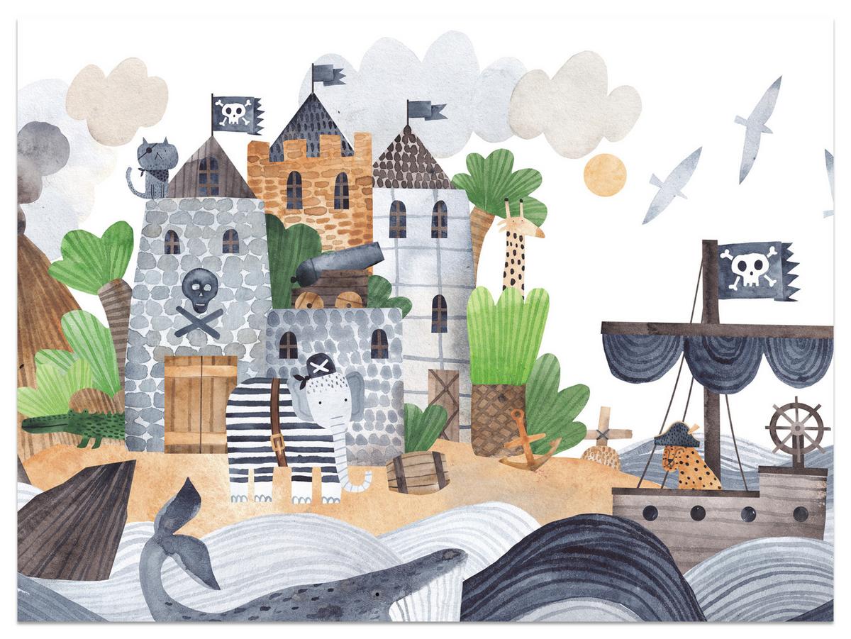 FOTOTAPETE für Kinderzimmer Märchen Piratenfestung Schiff Meereswellen 150x105 - Blau/Beige, Papier (150/105cm) - Muralo