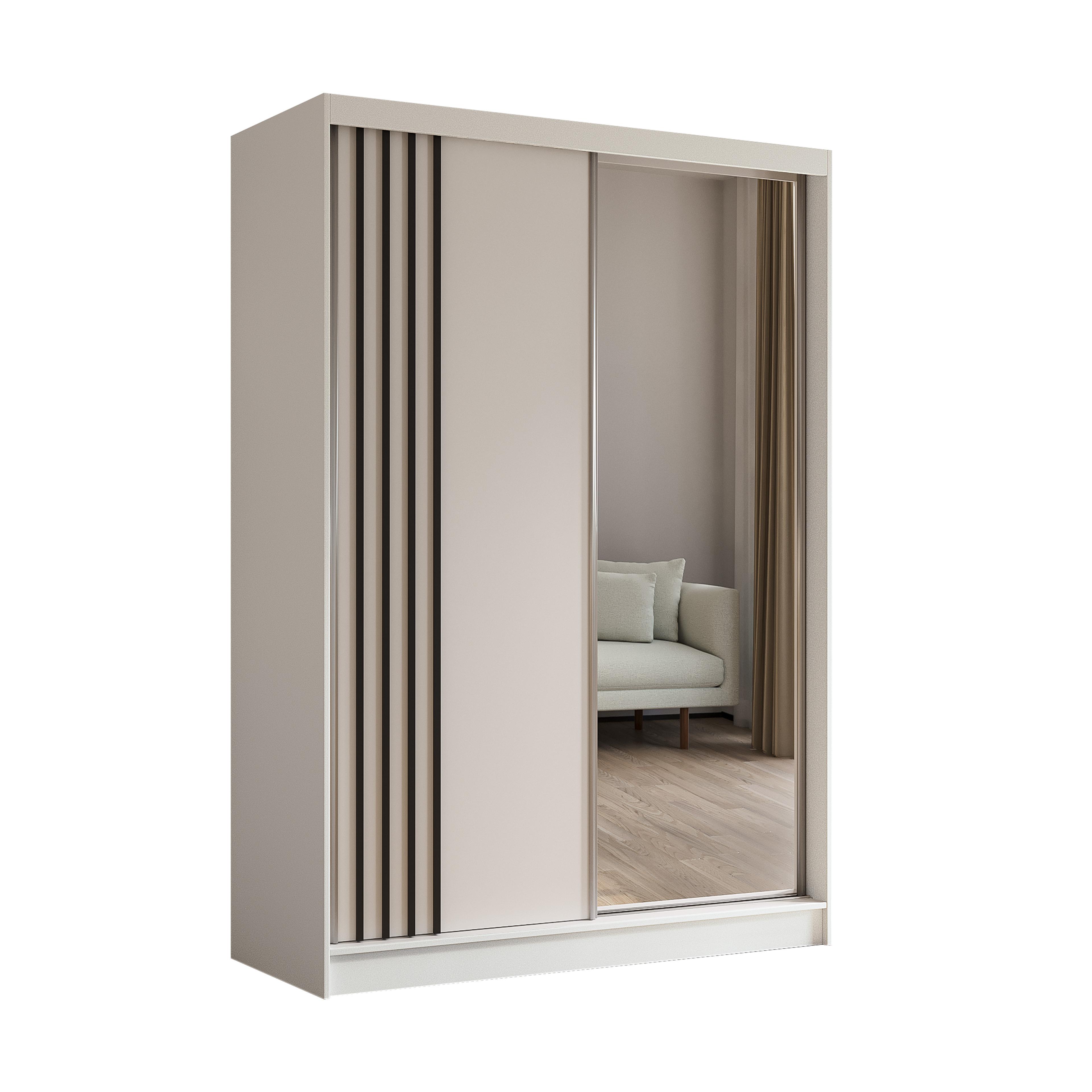 KLEIDERSCHRANK mit Spiegel-Schiebetüren und Aluminium-Leisten, LED-Beleuchtung - NALLA - 150 cm Weiß+Weiß+Schwarz - Schwarz/Weiß, Holzwerkstoff (150/216/61cm) - ALTDECOR