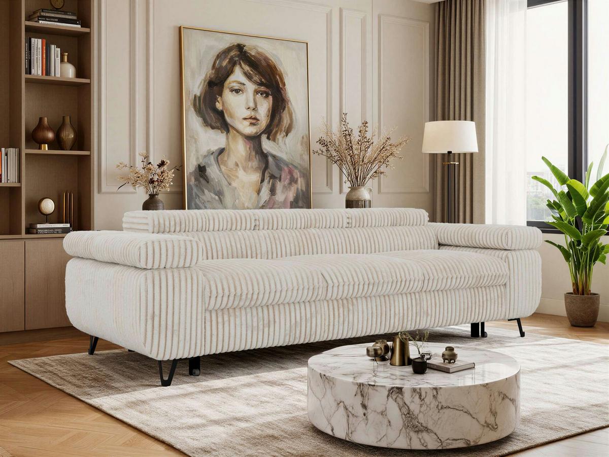 3-SITZER SOFA PETER mit Schlaffunktion - Beige Cord - Beige/Creme, Textil/Metall (262/76/99cm) - MKS