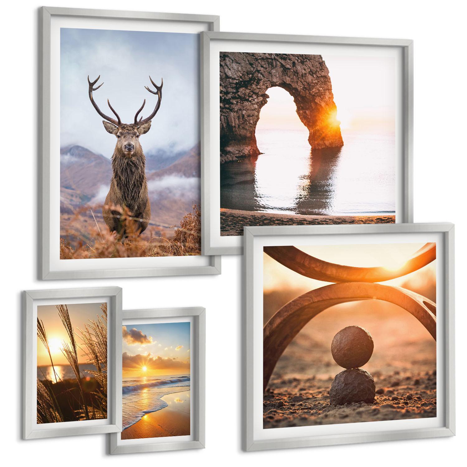 BILDER SET 5er Set - 50x50 cm & 20x30 cm & 40x60 cm Silberner Rahmen - Blätter des Weißen Tigerwasserfalls - Silberfarben, Kunststoff (40/60cm) - TULUP