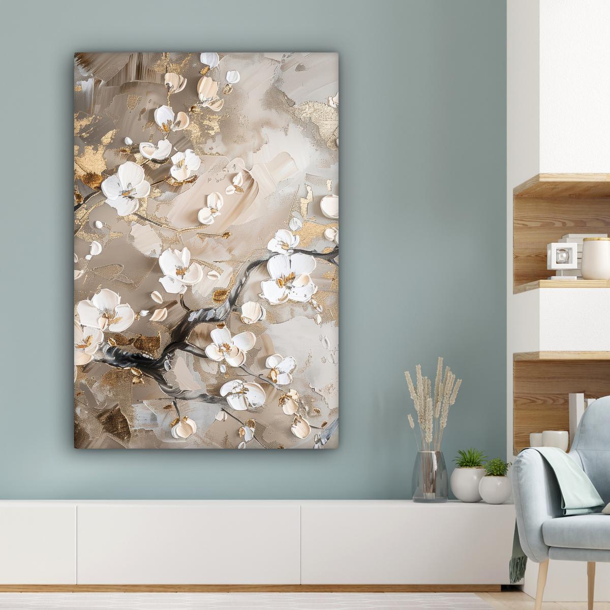 LEINWANDBILD Blumen - Weiß - Gold - Beige - Luxus Deko XXL 80x120 cm - Greige, Textil (80/120cm) - MuchoWow