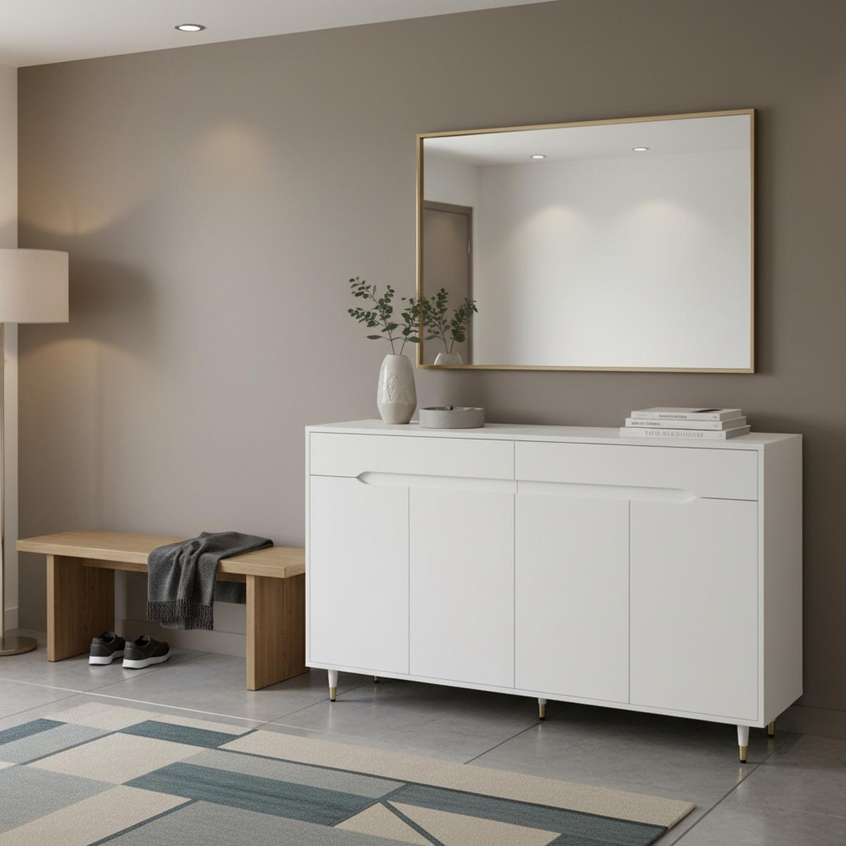 SIDEBOARD 2 Türen, 2 Schubladen, Goldene Beine Platz für 18–24 Paar Schuhe, Verstellbare Regale, Weiß - Weiß, Holzwerkstoff (140/84/39cm) - Urban Meuble