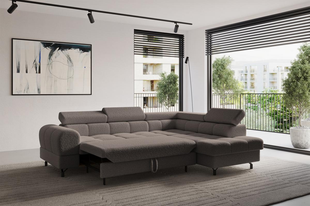 ECKSOFA mit Schlaffunktion Ottomane Rechts LUMA-L 272x203x70 Braun Bouclé - Schwarz/Braun, Holzwerkstoff/Kunststoff (203/272cm) - ALTDECOR