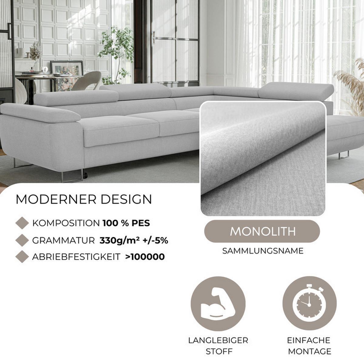ECKSOFA ANTON rechts, mit Schlaffunktion und Bettkasten Hellgrau - Chromfarben/Hellgrau, Textil/Metall (274/203cm) - Idohome