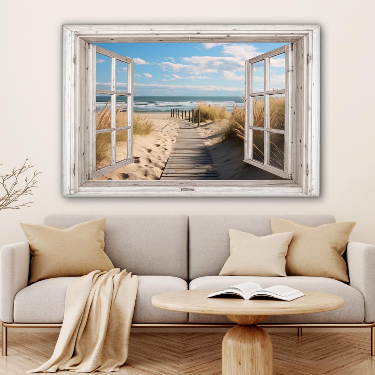 LEINWANDBILD Fenster - Meer - Küste - Natur - Ausblick - Strand - Wattenmeer Groß 140x90 cm - Beige, Textil (140/90cm) - MuchoWow