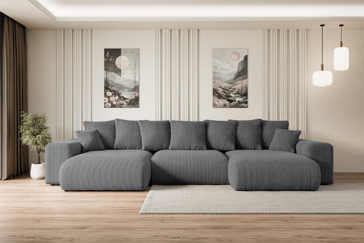 WOHNLANDSCHAFT mit Schlaffunktion ESKAR-U -364x176x72cm Grau Cord - Dunkelgrau/Schwarz, Holzwerkstoff/Kunststoff (364/72/176cm) - ALTDECOR