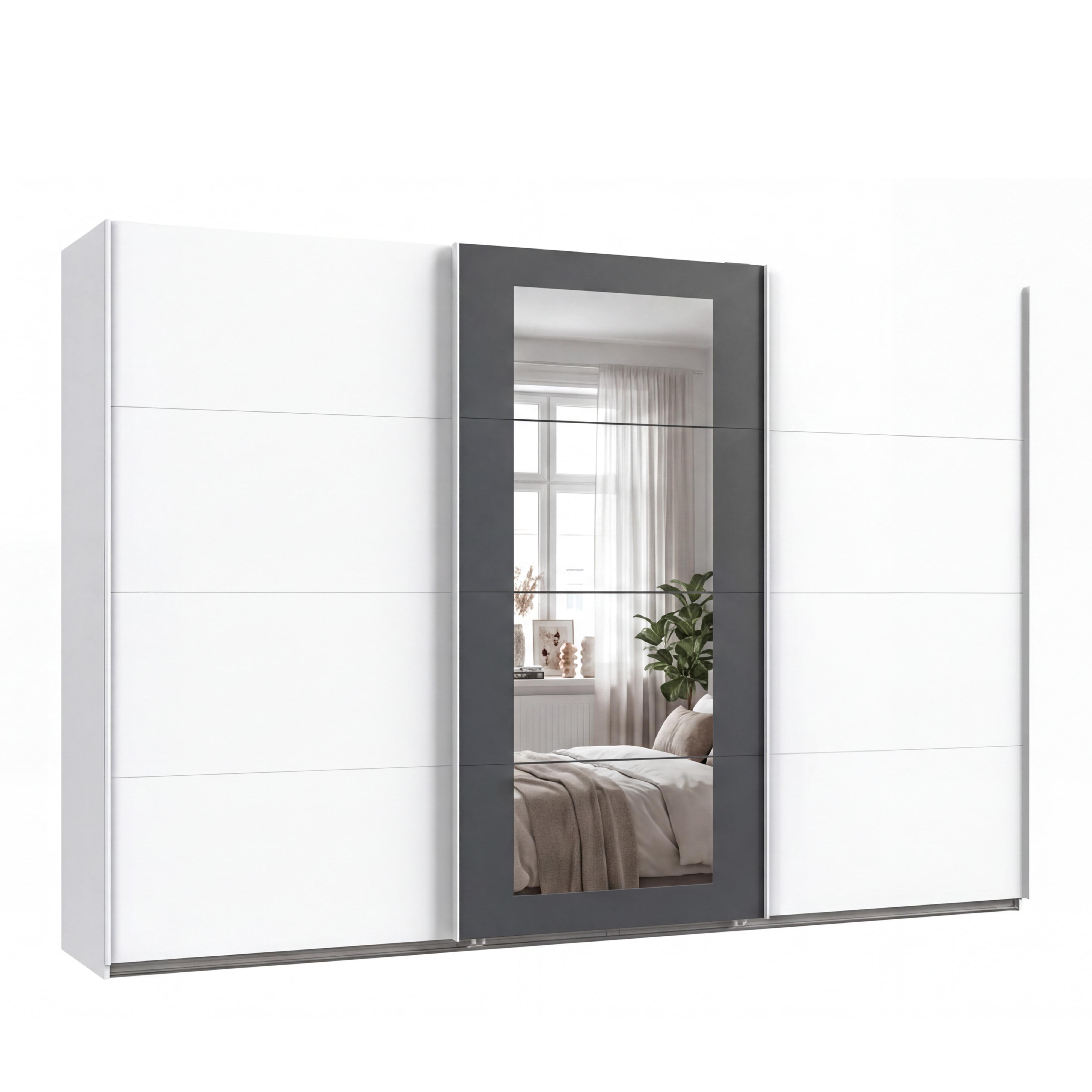 SCHWEBETÜRENSCHRANK 3-türig B313/H208/64 cm Kleiderschrank in Weiß, Spiegel umrahmt in Grafit, Griffe Weiß / 22632 - Graphitfarben/Weiß, Holzwerkstoff/Metall (313/208/64cm) - luma-home