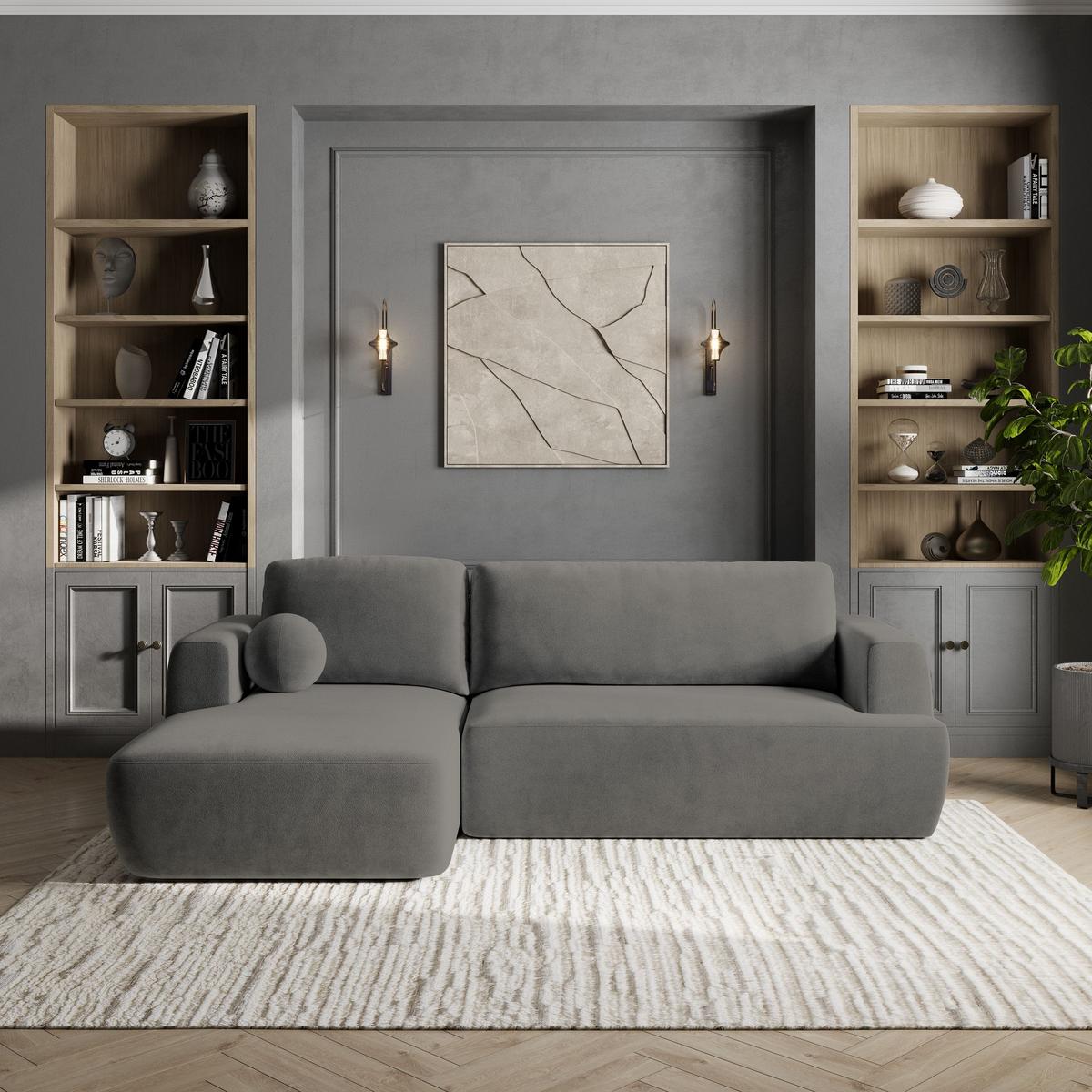 ECKSOFA SENTI K L-S Grau Plüsch-Stoff mit Schlaffunktion - Schwarz/Grau, Holz/Kunststoff (246/148cm) - MASSENO