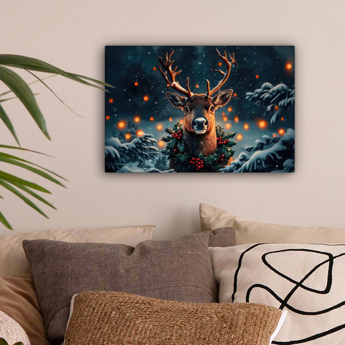 LEINWANDBILD Hirsch - Weihnachten - Winter - Schnee - Weihnachtskranz Deko Schlafzimmer 30x20 cm - Dunkelbraun, Textil (30/20cm) - MuchoWow