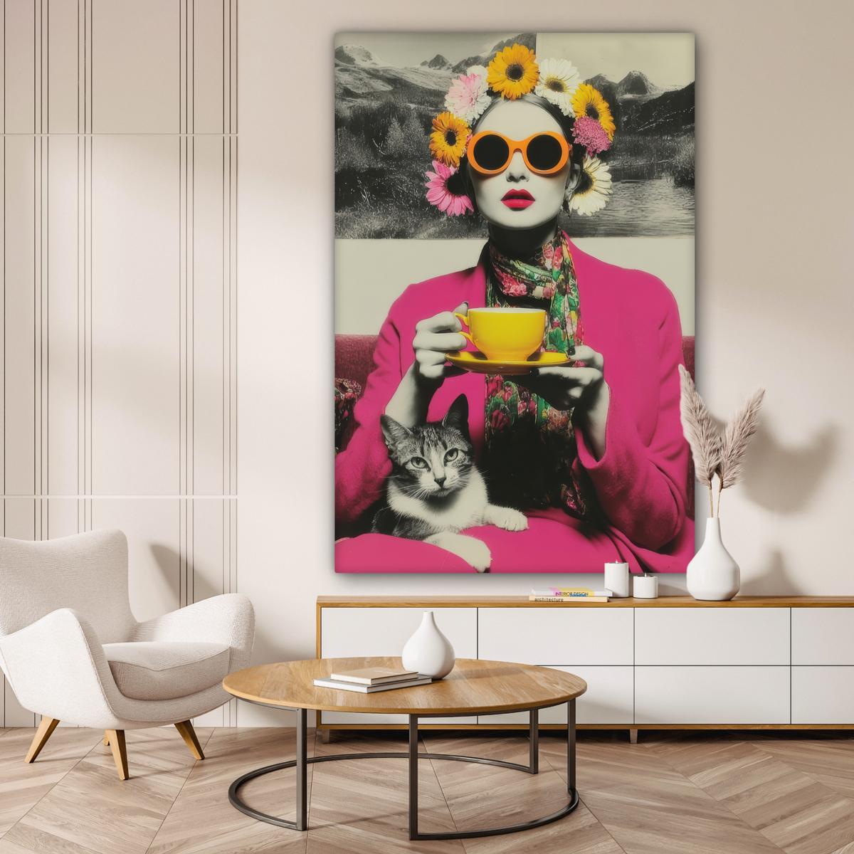 LEINWANDBILD Frau - Katze - Blumen - Tasse - Retro Deko Groß 90x140 cm - Magenta, Textil (90/140cm) - MuchoWow